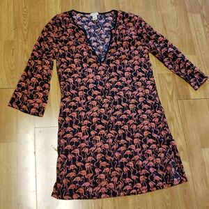 J Crew navy/pink flamingo print deep vee dress